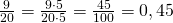\frac {9}{20}= \frac{9\cdot 5}{20\cdot 5}= \frac{45}{100}=0,45